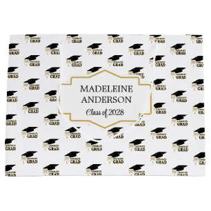 Modern Whimsical Gold Black Graduation Cap Large Gift Bag