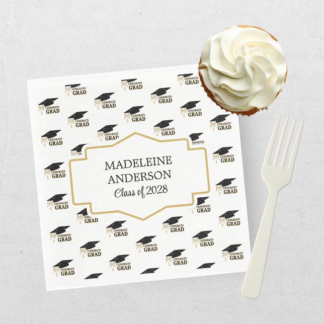 Modern Whimsical Gold Black Graduation Cap Napkins (Creator Uploaded)