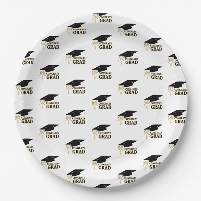 Modern Whimsical Gold Black Graduation Cap Paper Plates (Front)