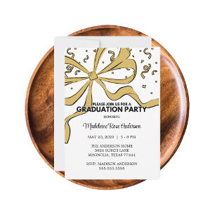 Modern Whimsical Gold Coquette Bow Graduation Invitation