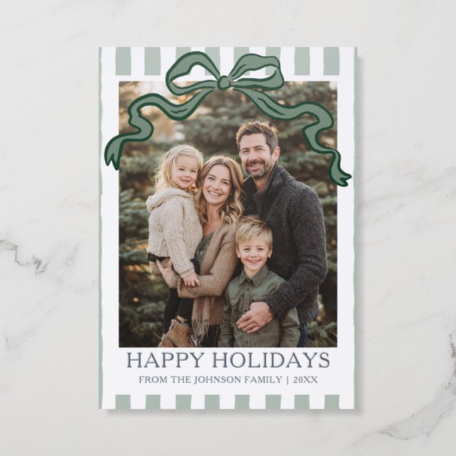 Modern Whimsical Green Stripes Holiday Christmas Letterpress Photo Cards (Front)