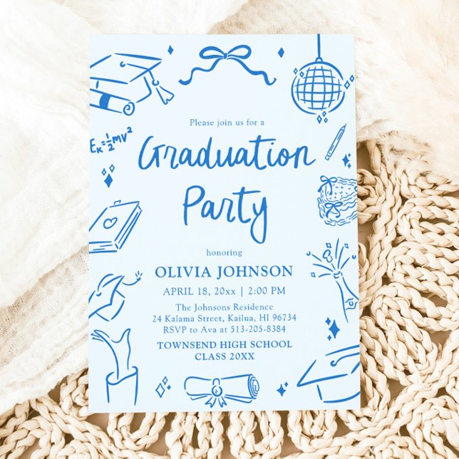 Modern Whimsical Hand Drawn Blue Graduation Party Invitation (Modern Whimsical Hand Drawn Blue Graduation Party Invitation)