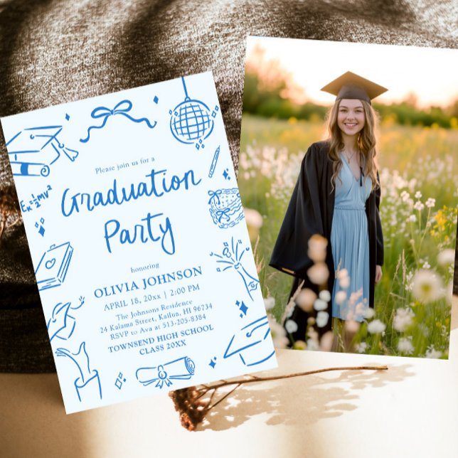 Modern Whimsical Hand Drawn Blue Graduation Party Invitation (Modern Whimsical Hand Drawn Blue Graduation Party Invitation)