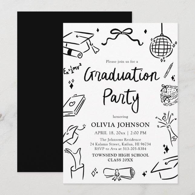 Modern Whimsical Hand Drawn Bow Graduation Party Invitation (Front/Back)