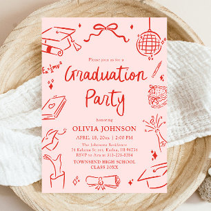 Modern Whimsical Hand Drawn Bow Graduation Party Invitation