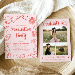 Modern Whimsical Hand Drawn Bow Graduation Party Invitation