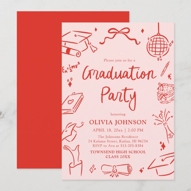 Modern Whimsical Hand Drawn Bow Graduation Party Invitation (Front/Back)
