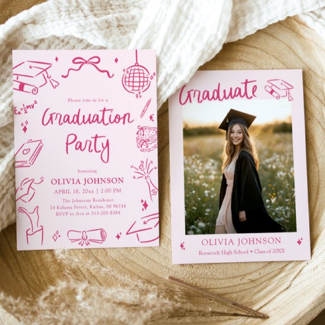 Modern Whimsical Hand Drawn Pink Graduation Party Invitation (Modern Whimsical Hand Drawn Pink Graduation Party Invitation)