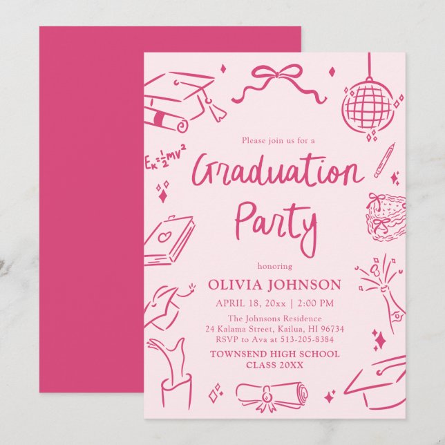 Modern Whimsical Hand Drawn Pink Graduation Party Invitation (Front/Back)