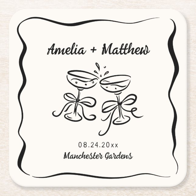 Modern & Whimsical Hand Drawn Save the Date Square Paper Coaster (Front)