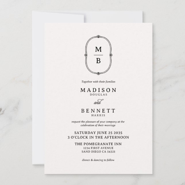 Modern Whimsical Hand Drawn Script Monogram Invitation (Front)