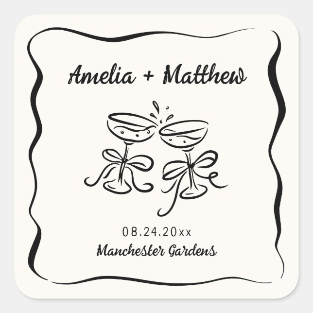 Modern & Whimsical Hand Drawn Wedding Square Sticker (Front)