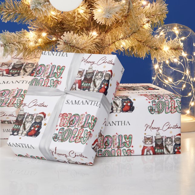 Modern Whimsical Holly Jolly Christmas Name  Wrapping Paper (Holidays)
