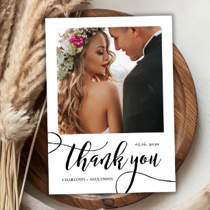 Modern Whimsical Huge Gold Script 2 Photo Wedding Thank You Card