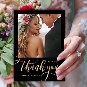 Modern Whimsical Huge Gold Script 2 Photo Wedding  Thank You Card