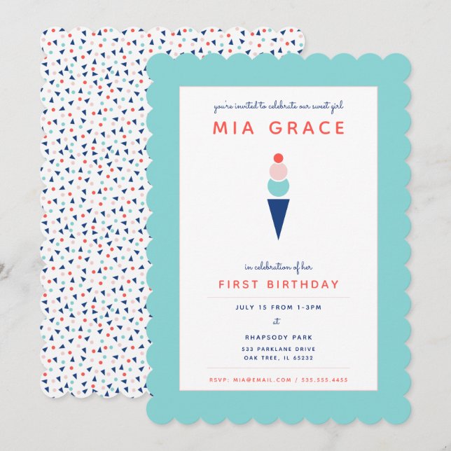 Modern Whimsical Ice Cream in Aqua Blue Invitation (Front/Back)