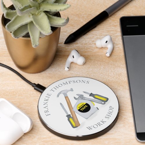 Modern Whimsical Masculine Tools Work Shop Wireless Charger
