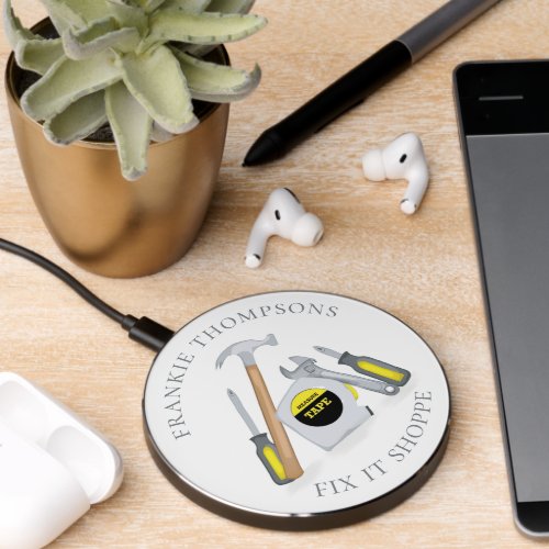 Modern Whimsical Masculine Tools Work Shop Wireless Charger