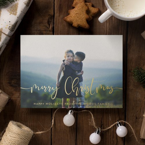 Modern whimsical Merry Christmas family photo Foil Holiday Card