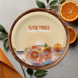 Modern Whimsical Orange Citrus Photo Baby Shower Paper Plates