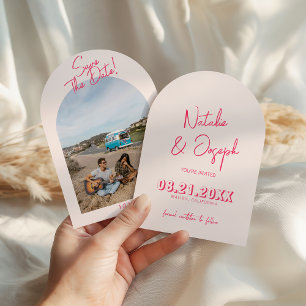 Modern Whimsical Pink Bright Photo Arched Wedding Save The Date