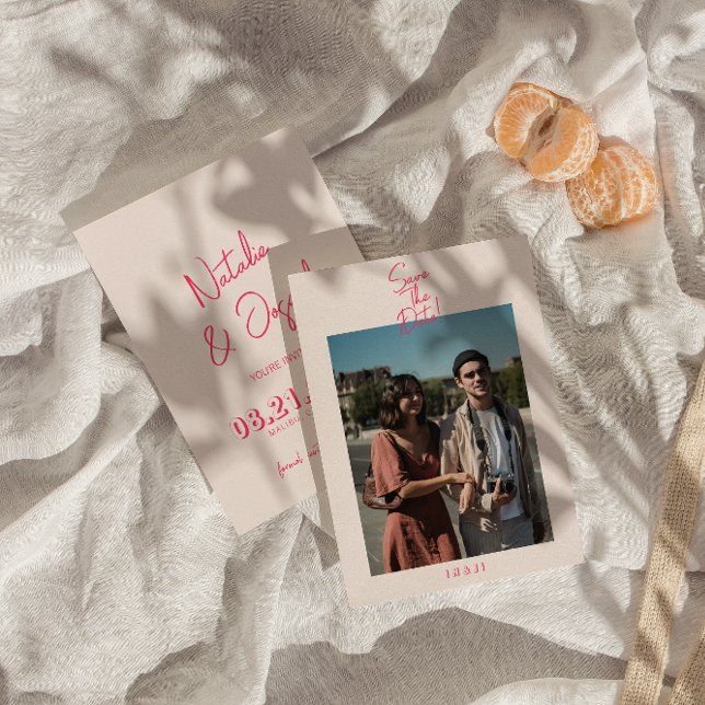 Modern Whimsical Pink Bright Retro Photo Wedding  Save The Date (Creator Uploaded)