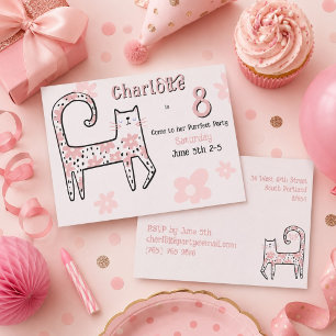 Modern Whimsical Pink Cat Purrfect 8th Birthday Invitation
