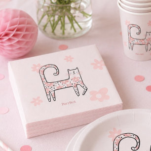 Modern Whimsical Pink Cat Purrfect Birthday Party Napkins