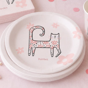 Modern Whimsical Pink Cat Purrfect Birthday Party Paper Plates