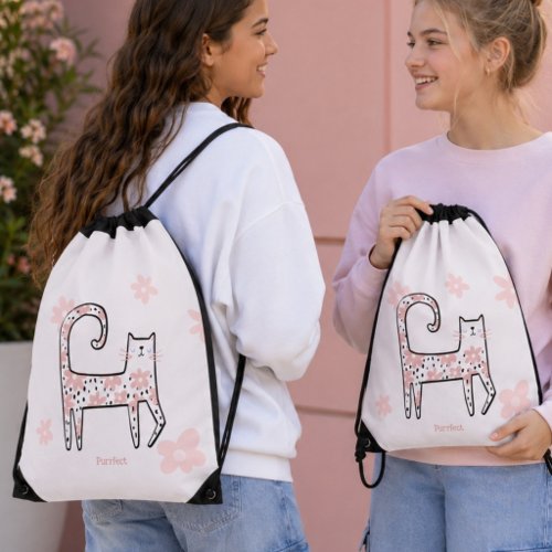 Modern Whimsical Pink Cat Purrfect Party Drawstring Bag
