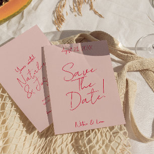 Modern Whimsical Pink Red Colorful Retro Wedding Save The Date
