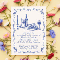 Modern Whimsical Pizza Wine Doodle Engagement Invitation