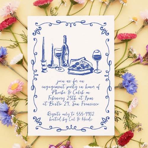Modern Whimsical Pizza Wine Doodle Engagement Invitation