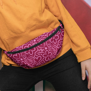 Modern Whimsical Red Pink Flower Heart Doodle Fanny Pack