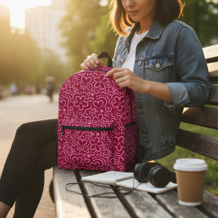 Modern Whimsical Red Pink Flower Heart Doodle Printed Backpack