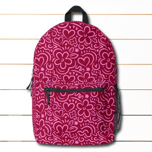 Modern Whimsical Red Pink Flower Heart Doodle Printed Backpack