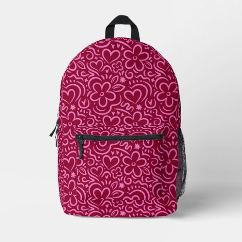 Modern Whimsical Red Pink Flower Heart Doodle Printed Backpack