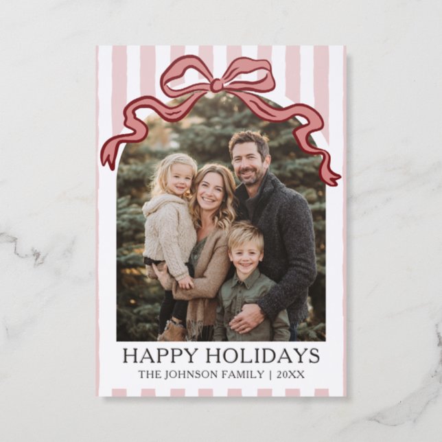 Modern Whimsical Red Stripes Holiday Christmas Letterpress Photo Cards (Front)