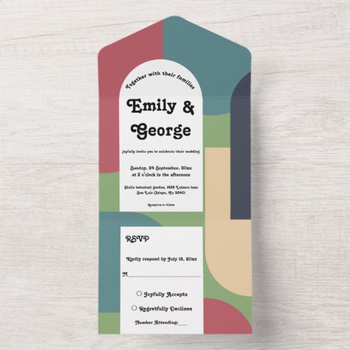 Modern Whimsical Retro Groovy Colorful Wedding All In One Invitation