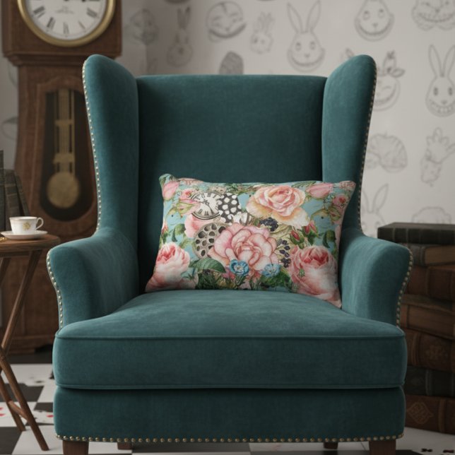 Modern Whimsical Roses And Clocks Pattern Blue Accent Pillow (Creator Uploaded)