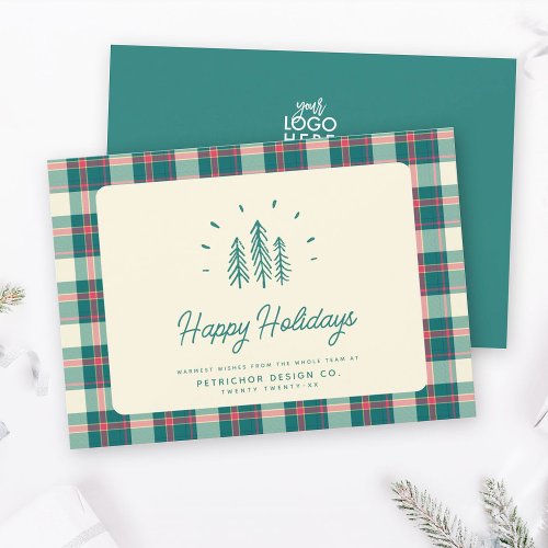 Modern Whimsical Rustic Trees Retro Plaid Business Holiday Card