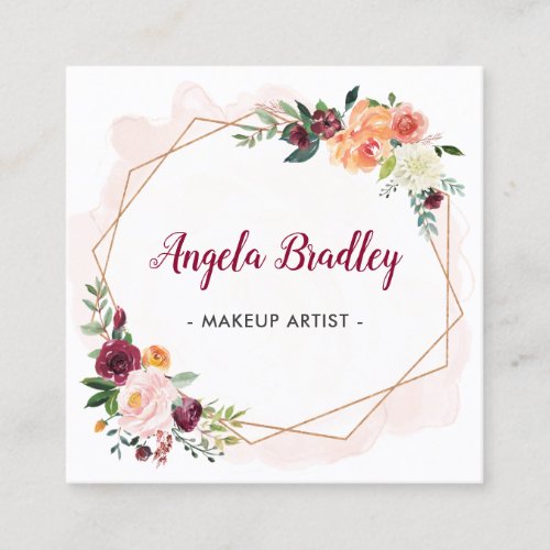 Modern Whimsical Watercolor Floral Makeup Artist Square Business Card