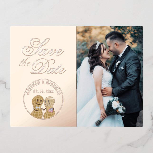 Modern Whimsical Wedding Picture Save The Date Foil Invitation Postcard (Front)