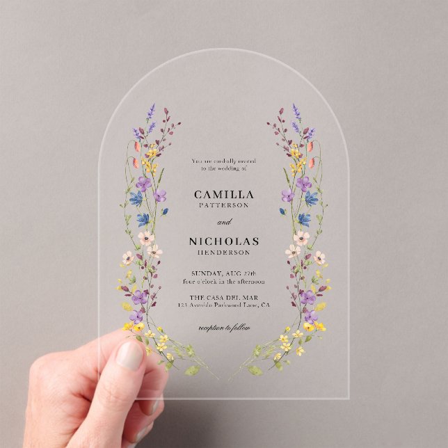 Modern Whimsical Wildflower Wedding Acrylic Invitations (Insitu (Handheld))