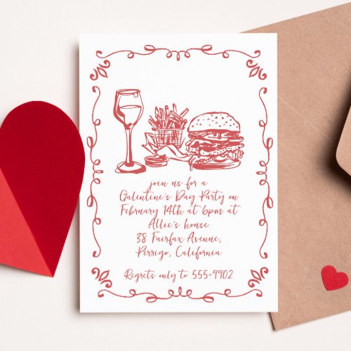 Modern Whimsical Wine Burger Galentines Day Party Invitation