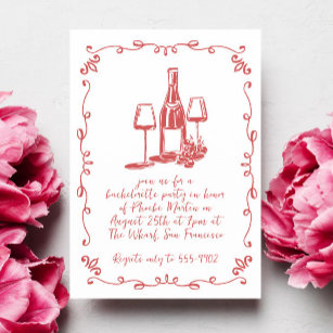 Modern Whimsical Wine Doodle Bachelorette Party Invitation