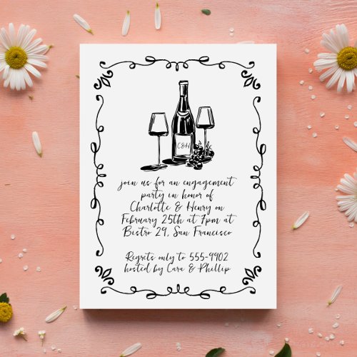 Modern Whimsical Wine Doodle Engagement Party Invitation