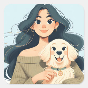 Modern Whimsical Woman and her Dog Square Sticker