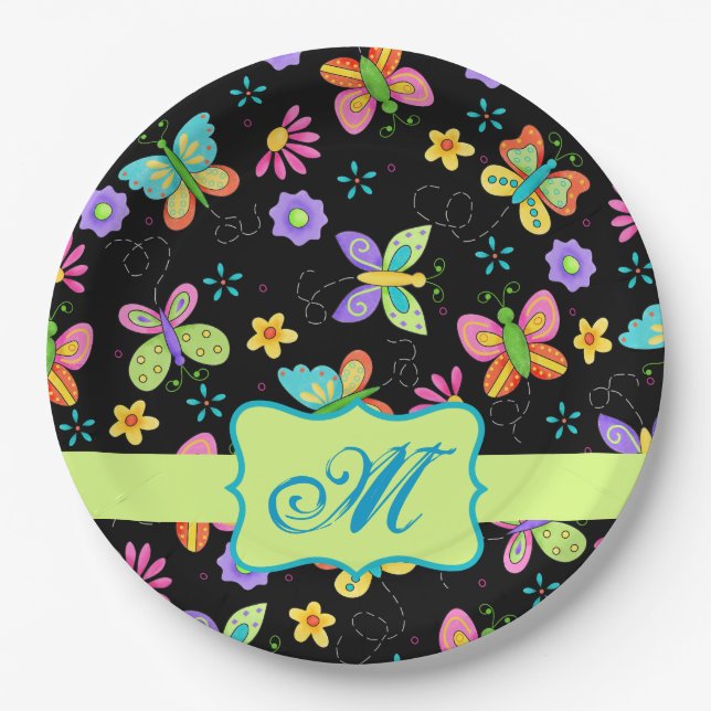 Modern Whimsy Butterflies Black Green Monogram Paper Plates (Front)