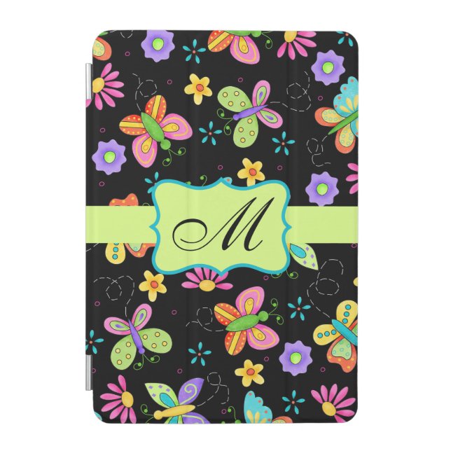 Modern Whimsy Butterflies Black Monogram iPad Mini Cover (Front)
